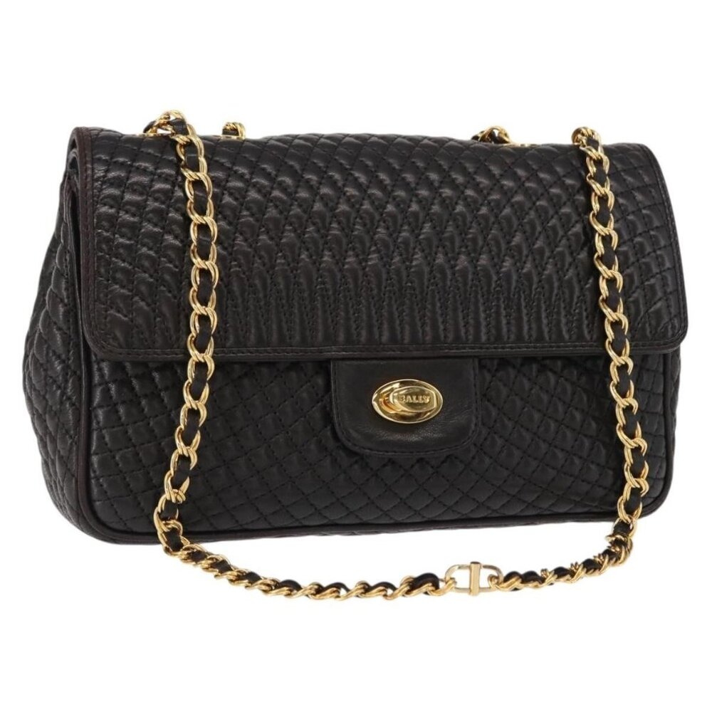 Authentic BALLY Chain Shoulder Bag Leather Black Gold